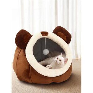Cat Bed Cave Plush Indoor Cats Removable Washable Pillow Cozy Bear House Soft